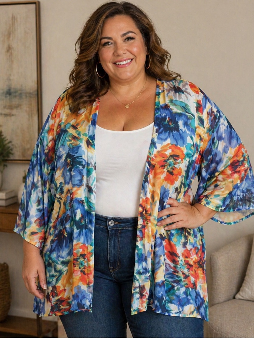 NWOT Colleen Lopez open front cover Blue & Orange floral sheer XL